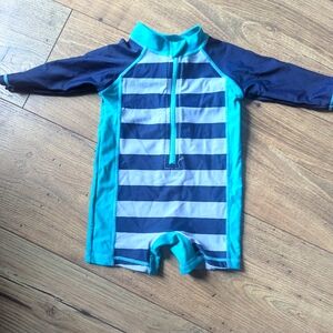 3/6 Month Navy Blue/Aqua/Gray Striped Long sleeve Swimsuit
